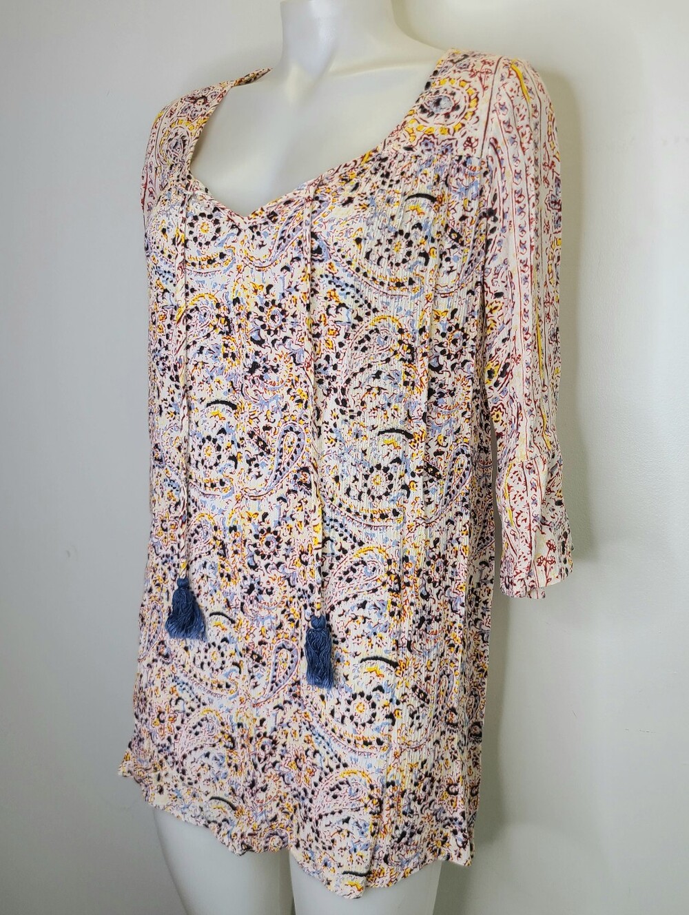 Billabong Paisley Print Tassel Tunic Top Shift Dress White Rayon XS Small - Picture 4 of 15